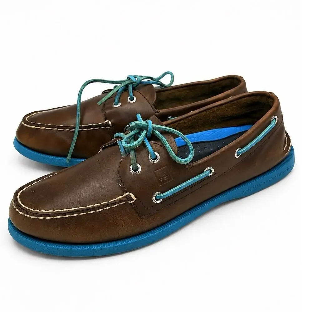 Sperry Top-Sider Men’s 11M Brown Leather Boat Shoes Blue Sole Lace-Up Loafers